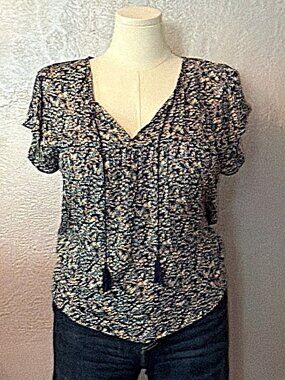 Old Navy Boho Style Navy Blue Dainty Floral Rayon Peasant Blouse XL